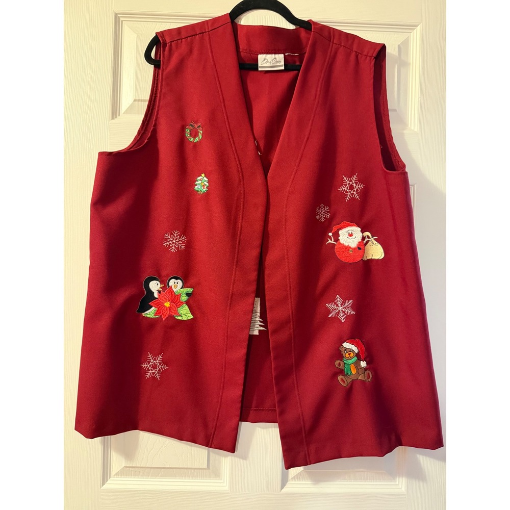 Bend Over Vintage Christmas Vest Red Embroidered Santa Penguin Holiday Large XL